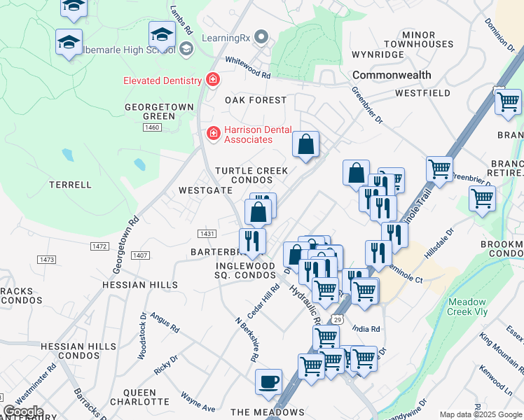 map of restaurants, bars, coffee shops, grocery stores, and more near 114 Turtle Creek Road in Charlottesville