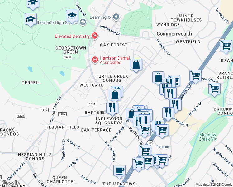 map of restaurants, bars, coffee shops, grocery stores, and more near 114 Turtle Creek Road in Charlottesville
