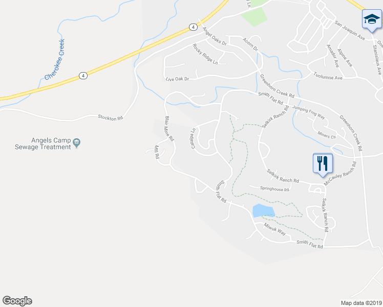 map of restaurants, bars, coffee shops, grocery stores, and more near 312 Catalpa Lane in Angels Camp