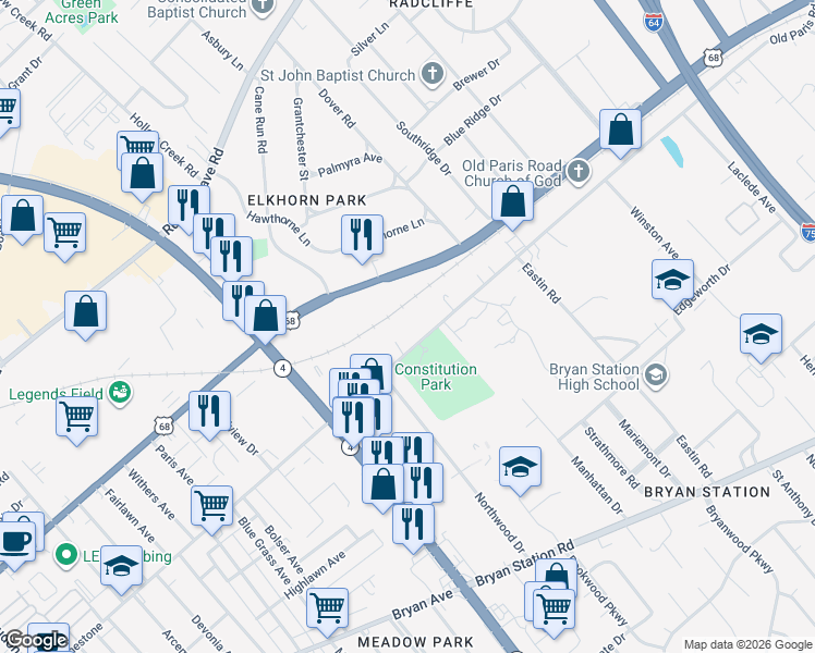 map of restaurants, bars, coffee shops, grocery stores, and more near 1677 Old Paris Road in Lexington