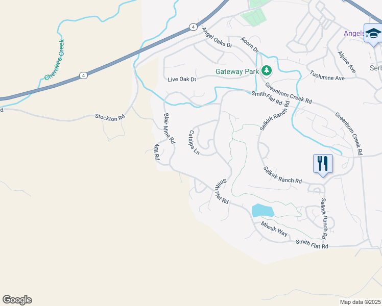 map of restaurants, bars, coffee shops, grocery stores, and more near 312 Catalpa Lane in Angels Camp