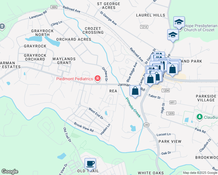 map of restaurants, bars, coffee shops, grocery stores, and more near 1169 Killdeer Lane in Crozet
