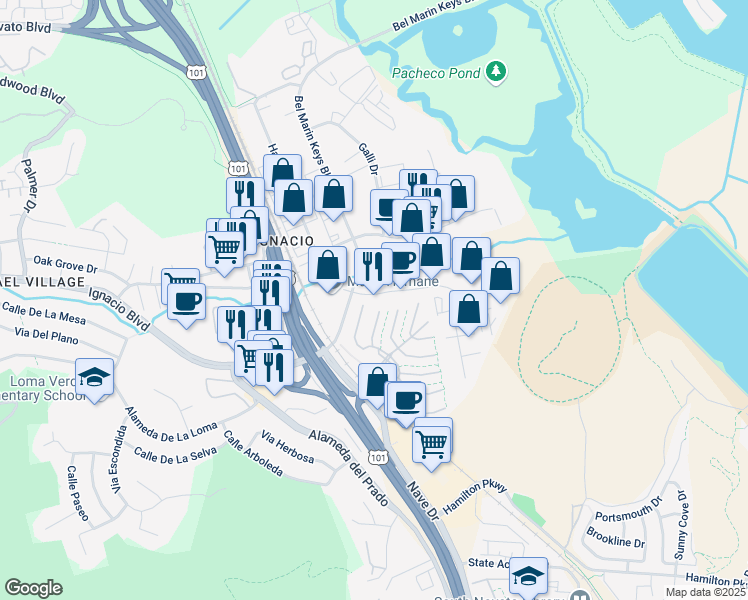 map of restaurants, bars, coffee shops, grocery stores, and more near 1 Commercial Boulevard in Novato
