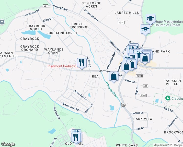 map of restaurants, bars, coffee shops, grocery stores, and more near 1169 Killdeer Lane in Crozet