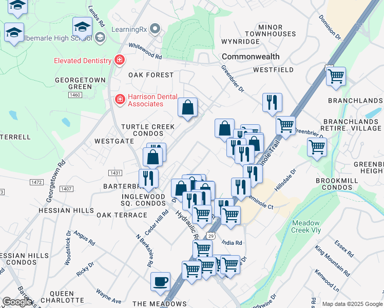 map of restaurants, bars, coffee shops, grocery stores, and more near 2145 Inglewood Drive in Charlottesville