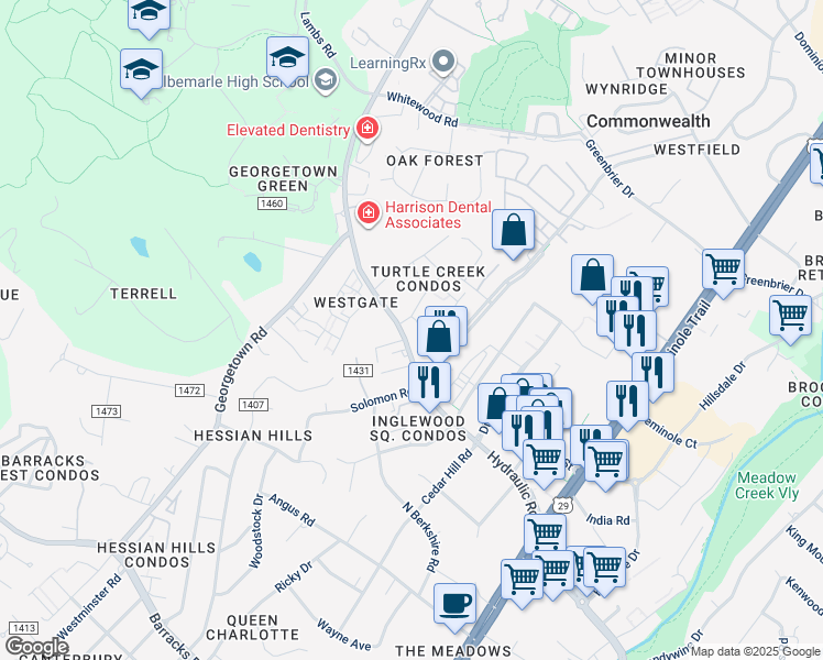 map of restaurants, bars, coffee shops, grocery stores, and more near 102 Turtle Creek Road in Charlottesville