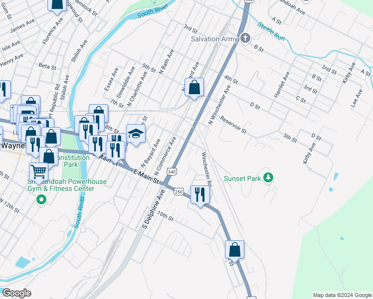 map of restaurants, bars, coffee shops, grocery stores, and more near 241 North Delphine Avenue in Waynesboro