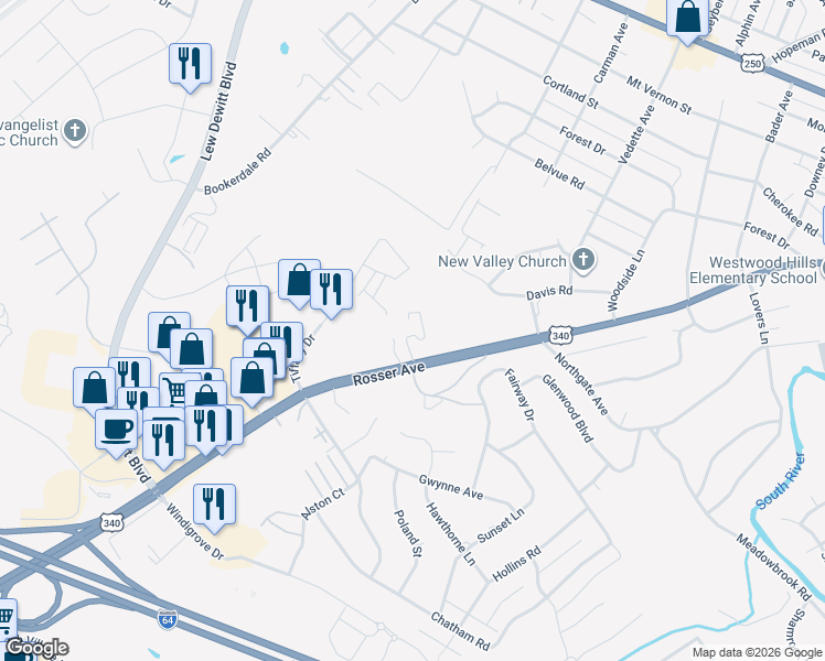 map of restaurants, bars, coffee shops, grocery stores, and more near 1221 Rosser Avenue in Waynesboro