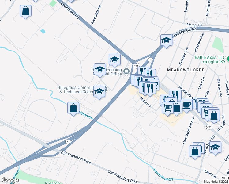 map of restaurants, bars, coffee shops, grocery stores, and more near 181 Leestown Center Way in Lexington