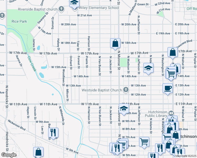 map of restaurants, bars, coffee shops, grocery stores, and more near 703 West 14th Avenue in Hutchinson
