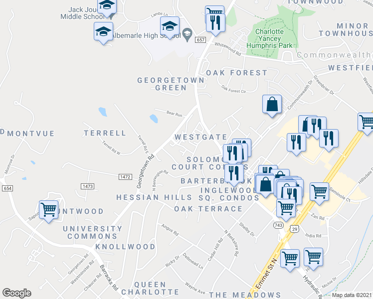 map of restaurants, bars, coffee shops, grocery stores, and more near 55 Barclay Place Court in Charlottesville