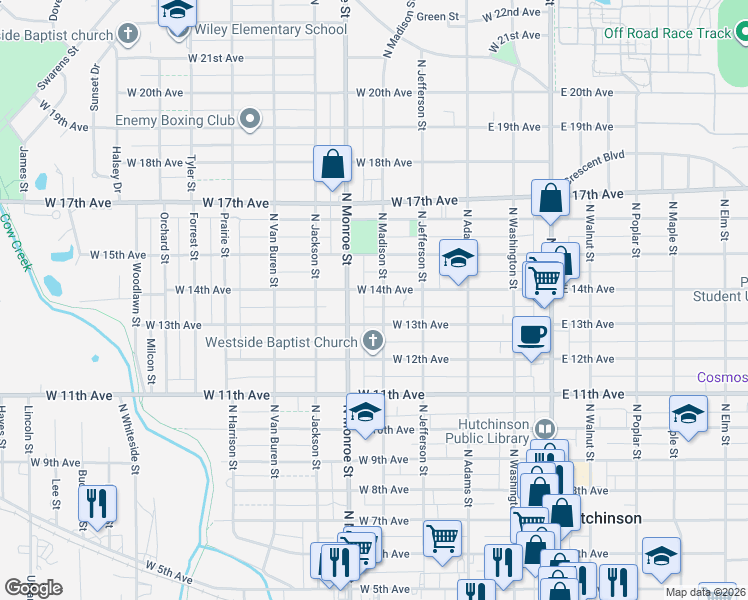 map of restaurants, bars, coffee shops, grocery stores, and more near 405 West 14th Avenue in Hutchinson