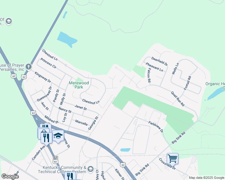 map of restaurants, bars, coffee shops, grocery stores, and more near 206 Heather Way in Versailles