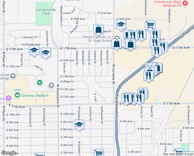 map of restaurants, bars, coffee shops, grocery stores, and more near 1318 Landon Street in Hutchinson