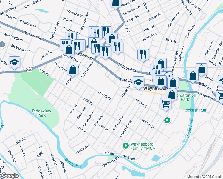 map of restaurants, bars, coffee shops, grocery stores, and more near 301 Pine Avenue in Waynesboro
