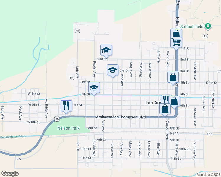 map of restaurants, bars, coffee shops, grocery stores, and more near 400-440 Ash Ave in Las Animas