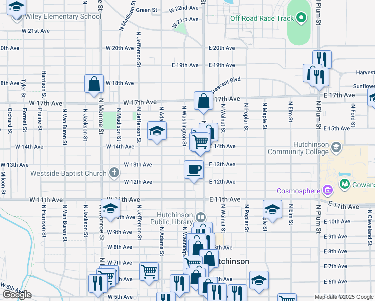 map of restaurants, bars, coffee shops, grocery stores, and more near 21 West 14th Avenue in Hutchinson