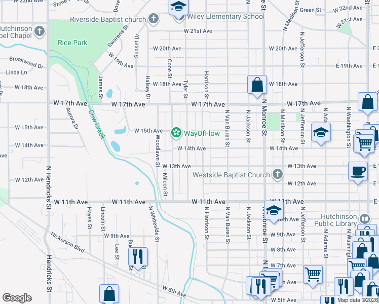 map of restaurants, bars, coffee shops, grocery stores, and more near 821 West 14th Avenue in Hutchinson