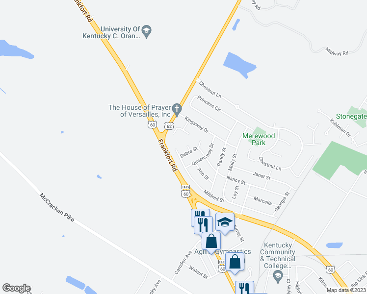 map of restaurants, bars, coffee shops, grocery stores, and more near 532 Betty Court in Versailles