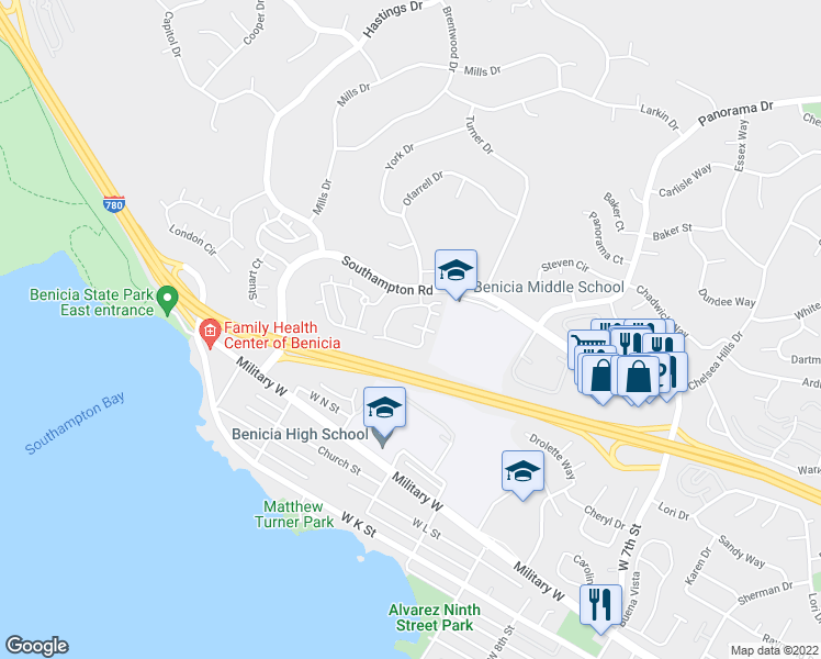 map of restaurants, bars, coffee shops, grocery stores, and more near 1146 Grove Circle in Benicia