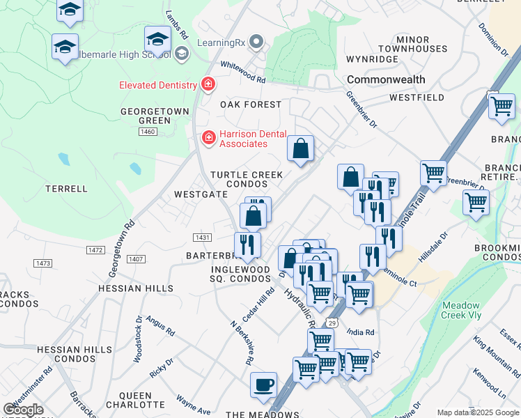 map of restaurants, bars, coffee shops, grocery stores, and more near 116 Turtle Creek Road in Charlottesville