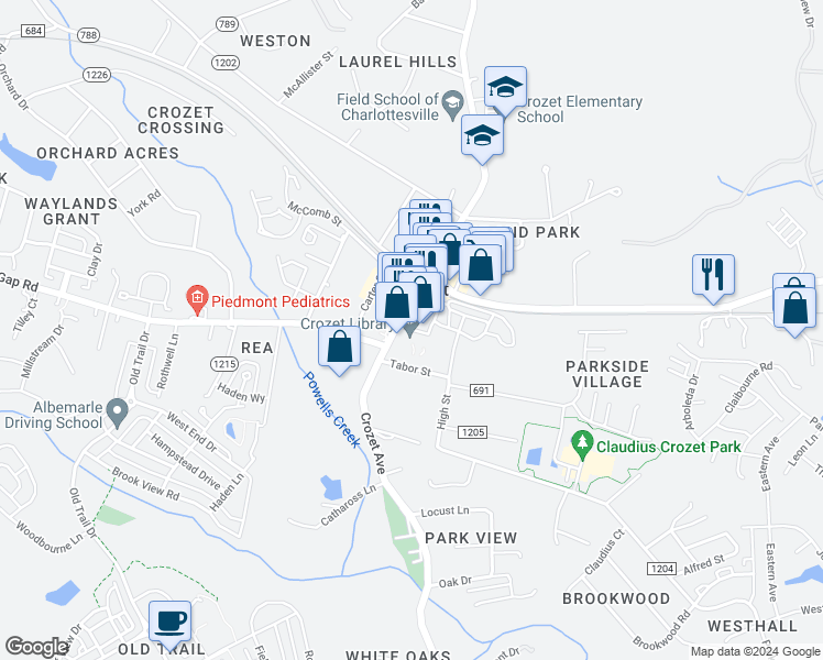 map of restaurants, bars, coffee shops, grocery stores, and more near Library Avenue in Crozet