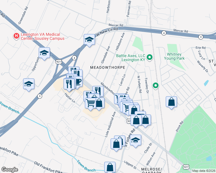 map of restaurants, bars, coffee shops, grocery stores, and more near 205 Boiling Springs Drive in Lexington