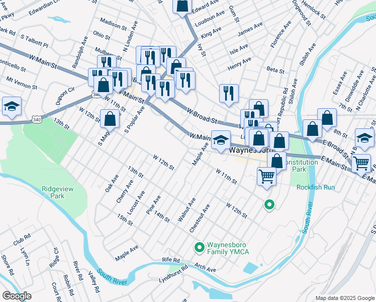 map of restaurants, bars, coffee shops, grocery stores, and more near 819 West 11th Street in Waynesboro