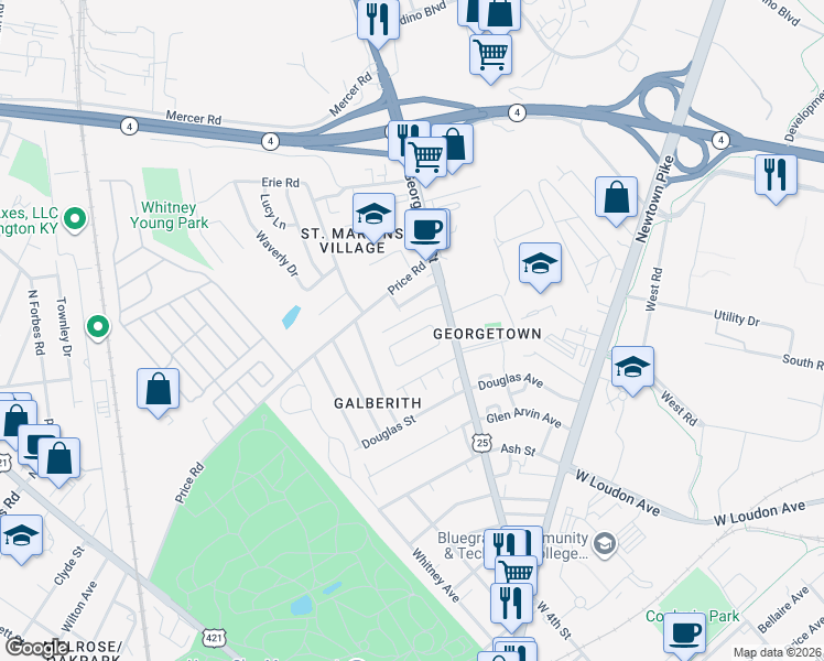 map of restaurants, bars, coffee shops, grocery stores, and more near 445 Roosevelt Boulevard in Lexington