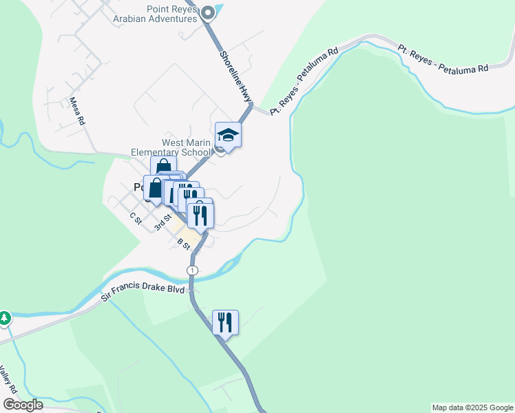 map of restaurants, bars, coffee shops, grocery stores, and more near 33 Giacomini Road in Point Reyes Station