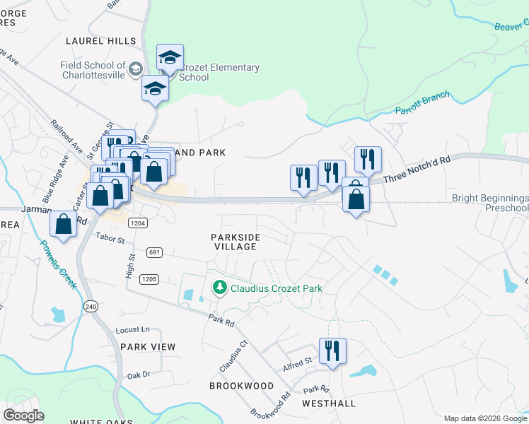 map of restaurants, bars, coffee shops, grocery stores, and more near 5566 3 Notch'd Rd in Crozet