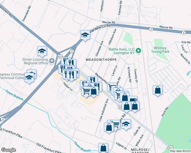 map of restaurants, bars, coffee shops, grocery stores, and more near 1621 Old Leestown Road in Lexington