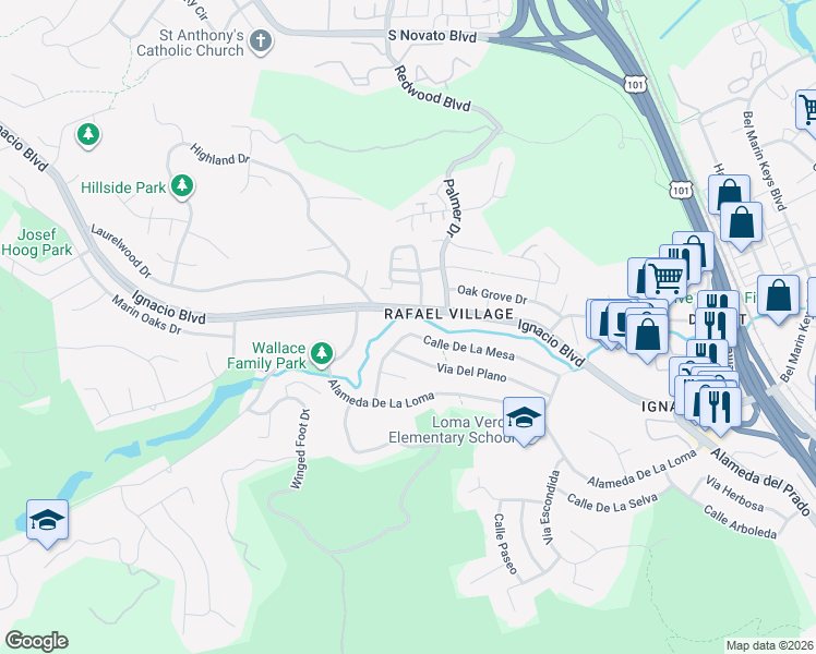 map of restaurants, bars, coffee shops, grocery stores, and more near 498 Calle De La Mesa in Novato