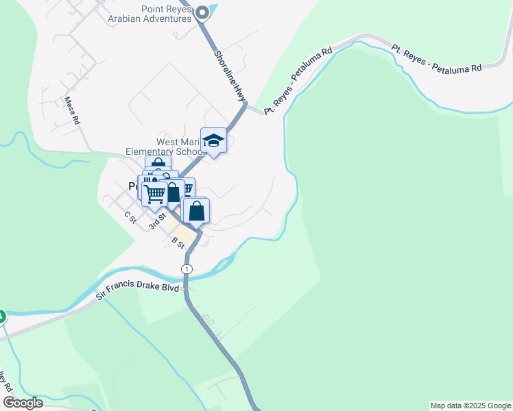 map of restaurants, bars, coffee shops, grocery stores, and more near 33 Giacomini Road in Point Reyes Station