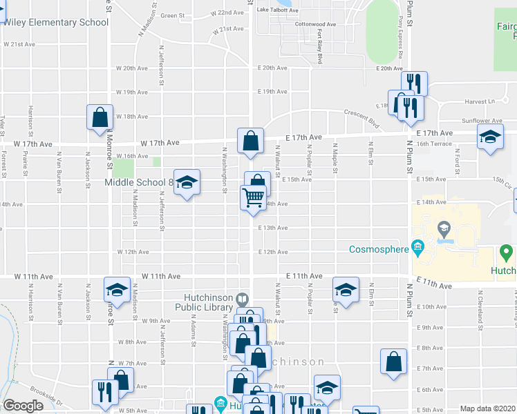 map of restaurants, bars, coffee shops, grocery stores, and more near 1328 North Main Street in Hutchinson