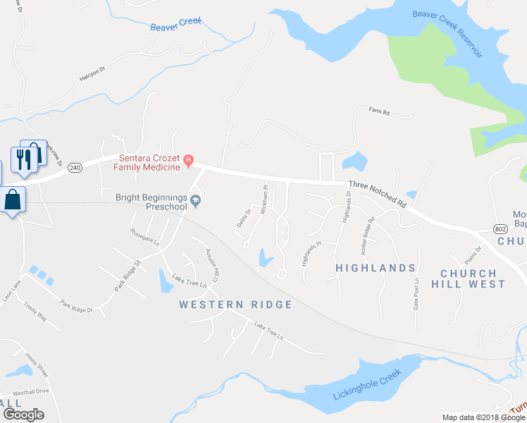 map of restaurants, bars, coffee shops, grocery stores, and more near Wickham Place in Charlottesville