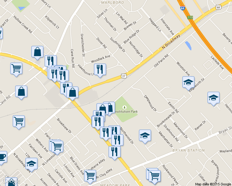 map of restaurants, bars, coffee shops, grocery stores, and more near 1677 Old Paris Road in Lexington