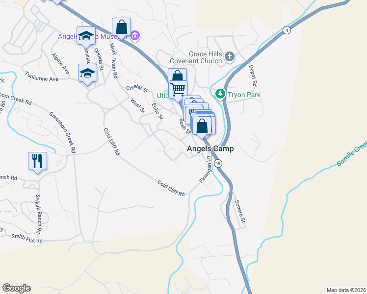 map of restaurants, bars, coffee shops, grocery stores, and more near 1356 Mark Twain Road in Angels Camp