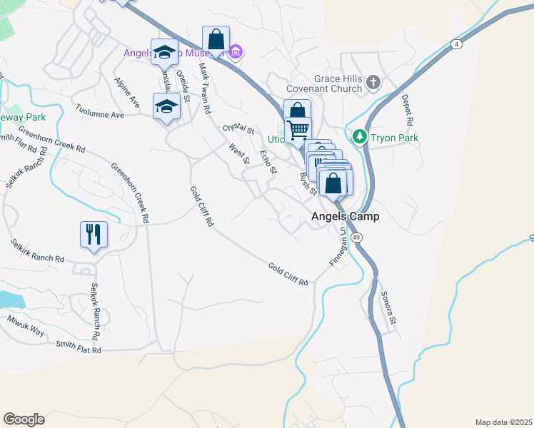map of restaurants, bars, coffee shops, grocery stores, and more near 1243 Oak Court in Angels Camp