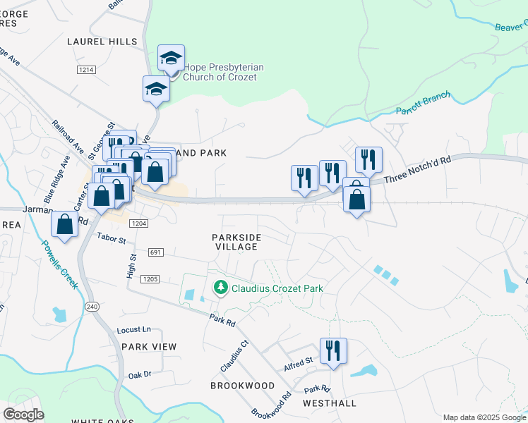 map of restaurants, bars, coffee shops, grocery stores, and more near 752 Park Ridge Drive in Crozet