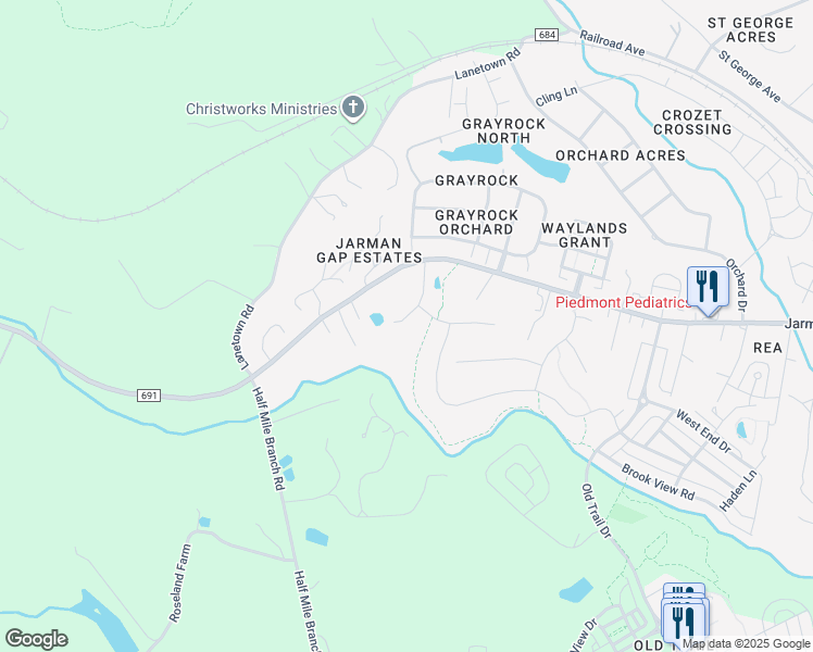 map of restaurants, bars, coffee shops, grocery stores, and more near 6889 Birmingham Drive in Crozet