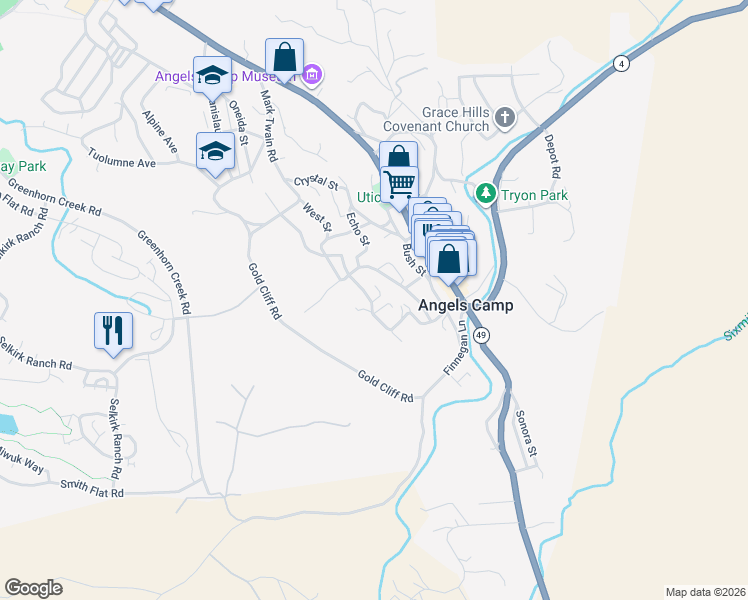map of restaurants, bars, coffee shops, grocery stores, and more near 1233 Fairview Street in Angels Camp