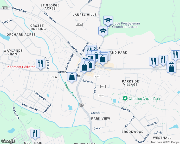 map of restaurants, bars, coffee shops, grocery stores, and more near 2025 Library Avenue in Crozet