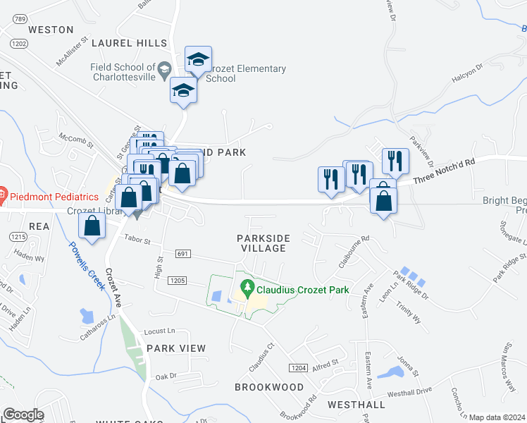 map of restaurants, bars, coffee shops, grocery stores, and more near 5454 Hill Top Street in Crozet
