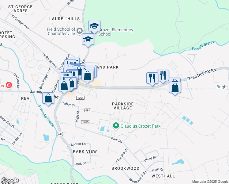 map of restaurants, bars, coffee shops, grocery stores, and more near 5494 Hill Top Street in Crozet