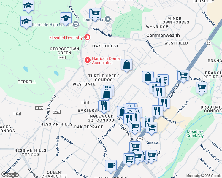 map of restaurants, bars, coffee shops, grocery stores, and more near 118 Turtle Creek Road in Charlottesville