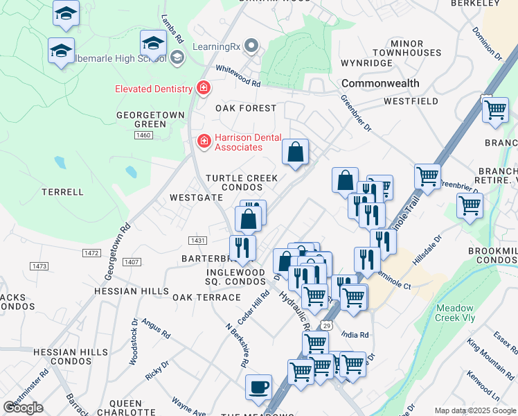 map of restaurants, bars, coffee shops, grocery stores, and more near 118 Turtle Creek Road in Charlottesville