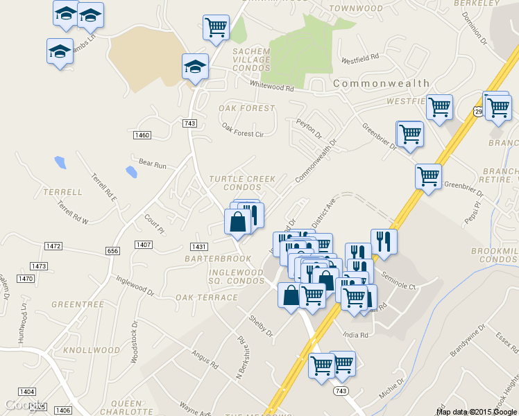 map of restaurants, bars, coffee shops, grocery stores, and more near 118 Turtle Creek Road in Charlottesville