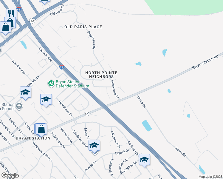 map of restaurants, bars, coffee shops, grocery stores, and more near 372 Preakness Drive in Lexington