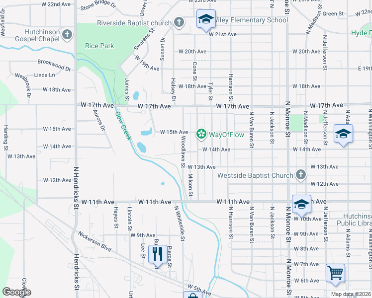 map of restaurants, bars, coffee shops, grocery stores, and more near 1401 Woodlawn Street in Hutchinson